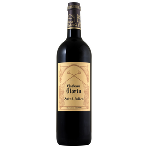 750ml bottle of Chateau Gloria Saint-Julien red wine, featuring a dark glass bottle with a prominent gold label and a gold foil neck label, set against a plain white background.