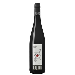 750ml dark brown flute-shaped bottle with a screw cap. DIWALD in all caps written around the capsule white rectangle label with black writing, image of 2 birds