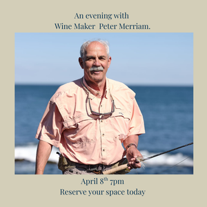 Man holding a fishing rod with text about an event with Wine Maker Peter Merriam.