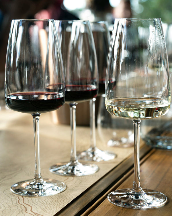 Wine glasses filled with red and white wine on a wooden table.